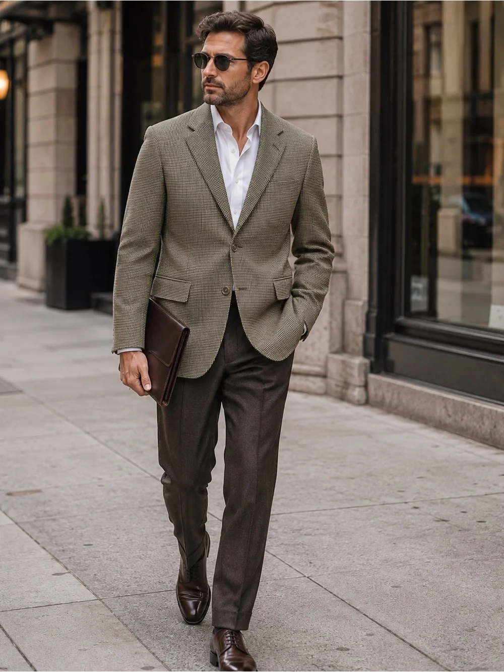 John W. Nordstrom Tan Black Gray Houndstooth Silk Wool Sport Coat Blazer 42R